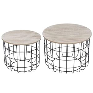 liruxun 2pcs living room storage side table set coffee table with metal basket and wood tabletop