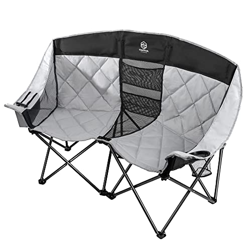 Coastrail Outdoor Folding Double Camping Chairs Premium Comfort Portable Love Seat Lawn Chairs Folding for Two with Padded Seat and Pockets, Heavy Duty for Adults