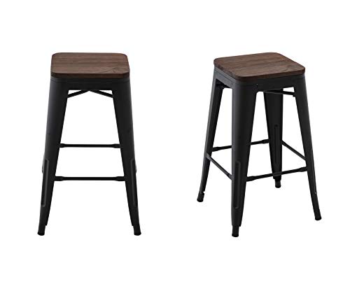 Kmax Industrial Metal Bar Stools Set - Counter Height Bar Stools Chairs Wood Seat Without Backrest Indoor Outdoor, 26", Set of 4, Black