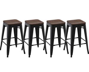 kmax industrial metal bar stools set – counter height bar stools chairs wood seat without backrest indoor outdoor, 26″, set of 4, black