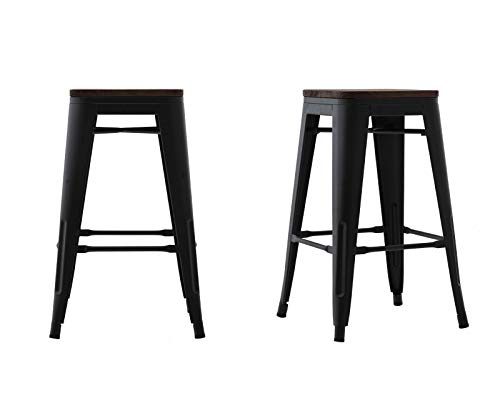 Kmax Industrial Metal Bar Stools Set - Counter Height Bar Stools Chairs Wood Seat Without Backrest Indoor Outdoor, 26", Set of 4, Black