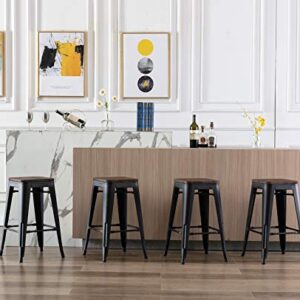 Kmax Industrial Metal Bar Stools Set - Counter Height Bar Stools Chairs Wood Seat Without Backrest Indoor Outdoor, 26", Set of 4, Black