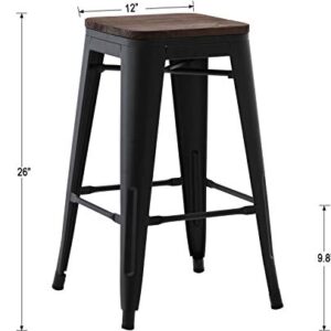 Kmax Industrial Metal Bar Stools Set - Counter Height Bar Stools Chairs Wood Seat Without Backrest Indoor Outdoor, 26", Set of 4, Black