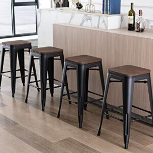 Kmax Industrial Metal Bar Stools Set - Counter Height Bar Stools Chairs Wood Seat Without Backrest Indoor Outdoor, 26", Set of 4, Black