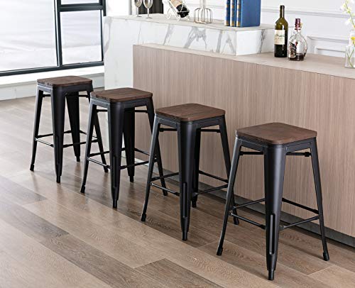 Kmax Industrial Metal Bar Stools Set - Counter Height Bar Stools Chairs Wood Seat Without Backrest Indoor Outdoor, 26", Set of 4, Black