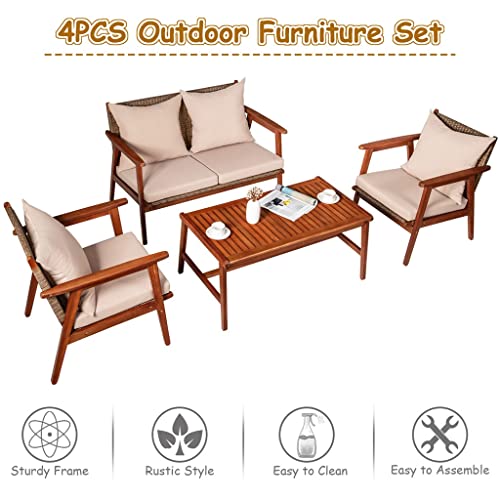 LIRUXUN 4PCS Patio Rattan Furniture Set Acacia Wood Frame Cushioned Sofa Chair Garden Perfect to Be Placed in Your Patio, Poolside and Garden