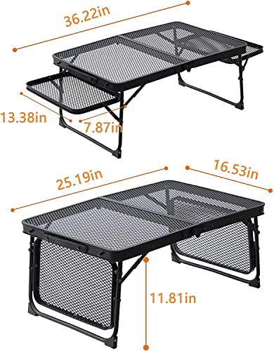 OMKUOSYA Folding Camping Table with 2 Side Panels Portable Small Lightweight Aluminum Alloy Frame Metal Grid Desktop Camp Table for Outdoor Picnic BBQ Travel, Black