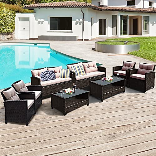 LIRUXUN 8PCS Outdoor Rattan Furniture Set Cushioned Sofa Armrest Table Single Sofa Loveseat