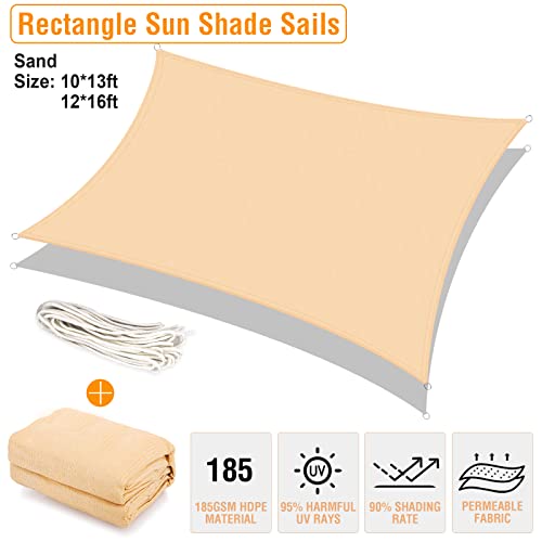 UIRWAY Sun Shade Sail 12x16FT Rectangle Canopy, 95% UV Block, 185GSM Breathable Sunshade for Patio, Garden, Pergola, Backyard - Sand