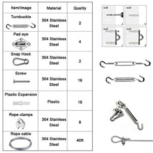 Sun Shade Hardware Kit for Rectangle and Square Sun Shade Sails Installation,5 inch Anti-Rust Sail Shade Hardware Kit with 30 ft 1/8 OD Heavy Duty Cable Wire Ropes