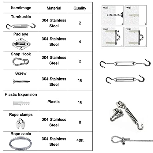 Sun Shade Hardware Kit for Rectangle and Square Sun Shade Sails Installation,5 inch Anti-Rust Sail Shade Hardware Kit with 30 ft 1/8 OD Heavy Duty Cable Wire Ropes