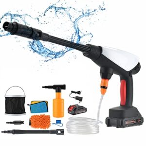 cordless pressure washer,land 20v electric portable power cleaner with 2.0ah battery, car wash with all-in-one adjustable sapry nozzle for wall/floor/window/cars/fences/siding with bucket