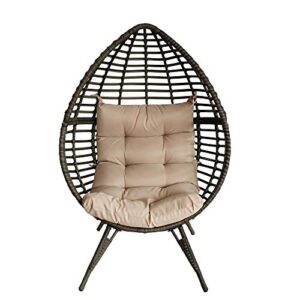 sundale outdoor wicker egg chair for bedroom, indoor egg chair basket chair teardrop chair with cushion, rattan comfy chair – grey, beige