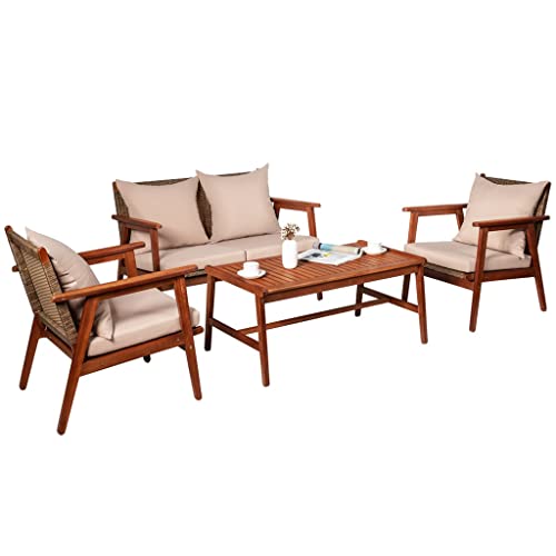 SDGH 4PCS Patio Rattan Furniture Set Acacia Wood Frame Cushioned Sofa Chair Garden Perfect to Be Placed in Your Patio, Poolside and Garden