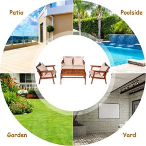 SDGH 4PCS Patio Rattan Furniture Set Acacia Wood Frame Cushioned Sofa Chair Garden Perfect to Be Placed in Your Patio, Poolside and Garden