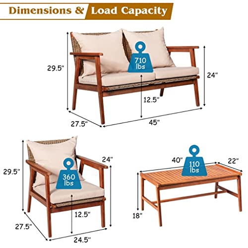 SDGH 4PCS Patio Rattan Furniture Set Acacia Wood Frame Cushioned Sofa Chair Garden Perfect to Be Placed in Your Patio, Poolside and Garden