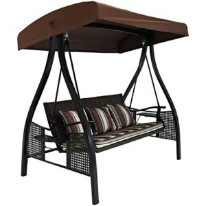 sunnydaze 3-seat deluxe outdoor patio swing with heavy duty steel frame and canopy, brown stripe cushions, 600-pound weight capacity