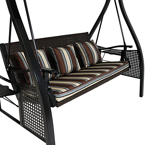 Sunnydaze 3-Seat Deluxe Outdoor Patio Swing with Heavy Duty Steel Frame and Canopy, Brown Stripe Cushions, 600-Pound Weight Capacity