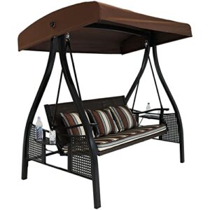 Sunnydaze 3-Seat Deluxe Outdoor Patio Swing with Heavy Duty Steel Frame and Canopy, Brown Stripe Cushions, 600-Pound Weight Capacity