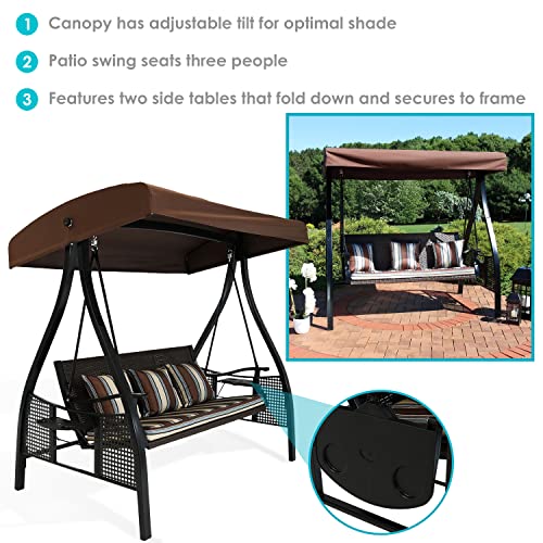 Sunnydaze 3-Seat Deluxe Outdoor Patio Swing with Heavy Duty Steel Frame and Canopy, Brown Stripe Cushions, 600-Pound Weight Capacity