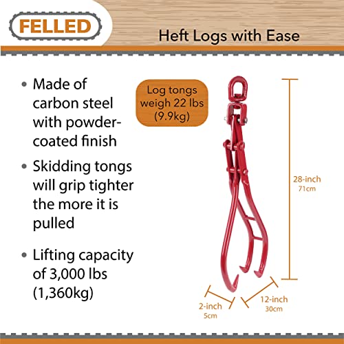 Felled 28in Log Lifting Tongs - 38in Cap Large Steel Timber Log Grapple Skidding Tongs for Wood Logging Equipment