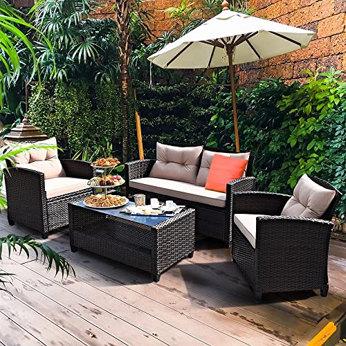 SDGH 8PCS Outdoor Rattan Furniture Set Cushioned Sofa Armrest Table Single Sofa Loveseat