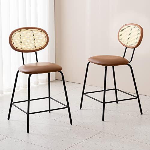 Indoor/Outdoor Faux Leather Bar Stools Set of 4,Rattan and Wood Backrest with Metal Legs，Modern Upholstered Square seat Chair Counter Height Barstools for Bistro Home Office Restaurants,24",Red Brown