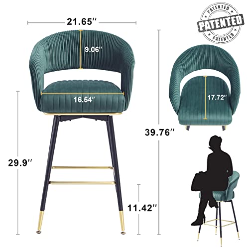 FERFALDER Luxury Bar Stools Swivel Bar Stools with Back and Cushion 40" Bar Height Stools Counter Stools, Green