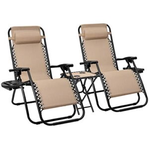 devoko patio zero gravity chair outdoor folding recliner chairs with table pool side using lawn chair sets with pillow (light beige)