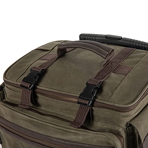 LEGACY - a Picnic Time Brand Somm - 12 Bottle Insulated Waxed Canvas Wine Bag with Rolling Cart, Khaki Green with Brown Accents