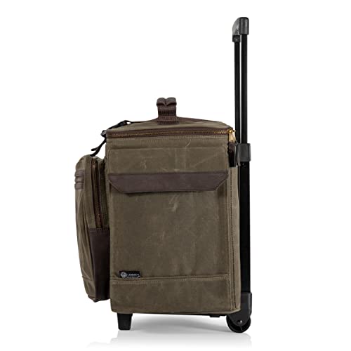 LEGACY - a Picnic Time Brand Somm - 12 Bottle Insulated Waxed Canvas Wine Bag with Rolling Cart, Khaki Green with Brown Accents