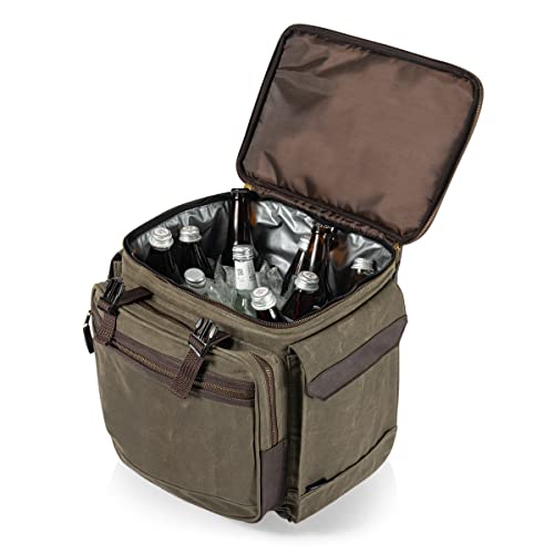 LEGACY - a Picnic Time Brand Somm - 12 Bottle Insulated Waxed Canvas Wine Bag with Rolling Cart, Khaki Green with Brown Accents