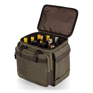 LEGACY - a Picnic Time Brand Somm - 12 Bottle Insulated Waxed Canvas Wine Bag with Rolling Cart, Khaki Green with Brown Accents