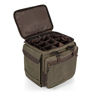 LEGACY - a Picnic Time Brand Somm - 12 Bottle Insulated Waxed Canvas Wine Bag with Rolling Cart, Khaki Green with Brown Accents