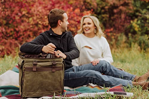 LEGACY - a Picnic Time Brand Somm - 12 Bottle Insulated Waxed Canvas Wine Bag with Rolling Cart, Khaki Green with Brown Accents