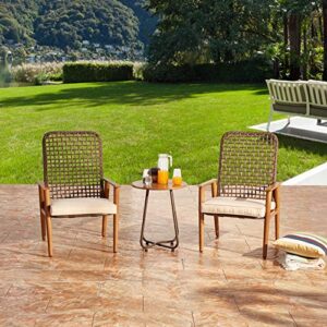 lokatse home 3-piece wicker outdoor conversation bistro set patio all weather furniture 2 cushioned chairs and side table for balcony porch, boho, khaki