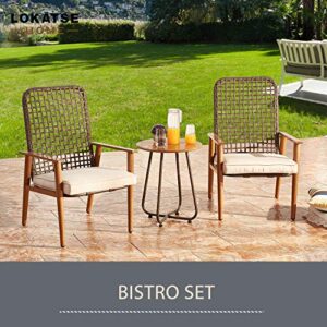 LOKATSE HOME 3-Piece Wicker Outdoor Conversation Bistro Set Patio All Weather Furniture 2 Cushioned Chairs and Side Table for Balcony Porch, Boho, Khaki