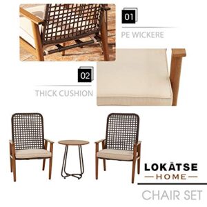 LOKATSE HOME 3-Piece Wicker Outdoor Conversation Bistro Set Patio All Weather Furniture 2 Cushioned Chairs and Side Table for Balcony Porch, Boho, Khaki