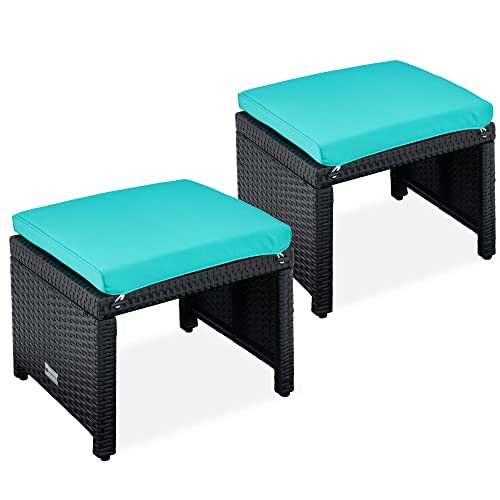 Best Choice Products Set of 2 Wicker Ottomans, Multipurpose Outdoor Furniture for Patio, Backyard, Additional Seating, Footrest, Side Table w/Removable Cushions, Steel Frame - Black/Teal