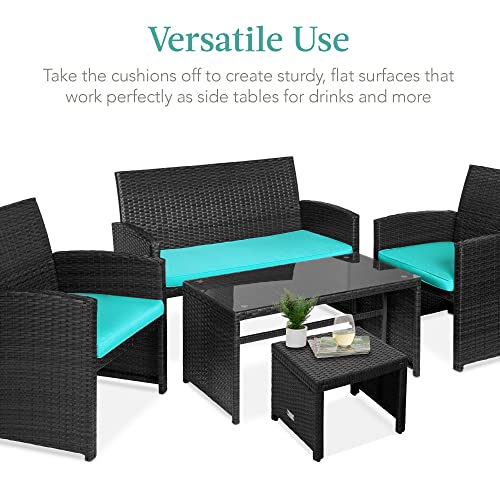 Best Choice Products Set of 2 Wicker Ottomans, Multipurpose Outdoor Furniture for Patio, Backyard, Additional Seating, Footrest, Side Table w/Removable Cushions, Steel Frame - Black/Teal