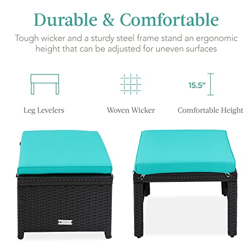 Best Choice Products Set of 2 Wicker Ottomans, Multipurpose Outdoor Furniture for Patio, Backyard, Additional Seating, Footrest, Side Table w/Removable Cushions, Steel Frame - Black/Teal