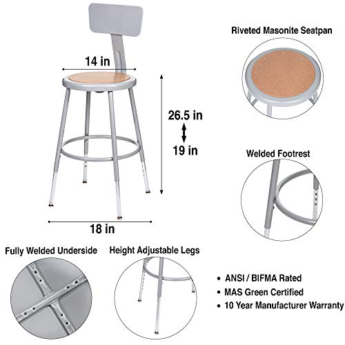 OEF Furnishings (2 Pack) Height Adjustable Grey Shop Stool with Backrest, 18-27" High