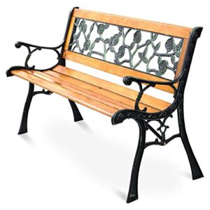 Giantex 50'' Patio Park Garden Bench, Outdoor Furniture Rose Cast Iron Hardwood Frame Porch Loveseat for 2 Person Outdoor Clearance