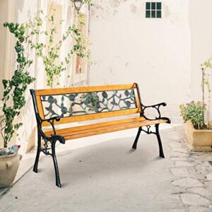 Giantex 50'' Patio Park Garden Bench, Outdoor Furniture Rose Cast Iron Hardwood Frame Porch Loveseat for 2 Person Outdoor Clearance