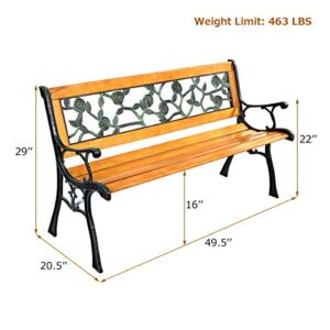 Giantex 50'' Patio Park Garden Bench, Outdoor Furniture Rose Cast Iron Hardwood Frame Porch Loveseat for 2 Person Outdoor Clearance