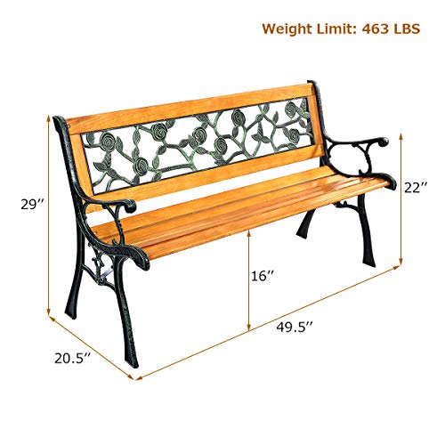 Giantex 50'' Patio Park Garden Bench, Outdoor Furniture Rose Cast Iron Hardwood Frame Porch Loveseat for 2 Person Outdoor Clearance