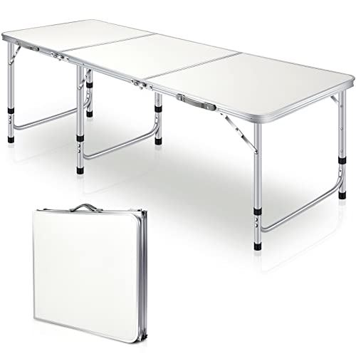 Queekay 6ft Folding Camping Table, Portable Aluminum Folding Table Lightweight Tri Fold Outdoor Table with 3 Adjustable Heights Legs for Picnic, Party, Beach, BBQ, 71 x 24 Inch (1)