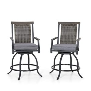 phi villa outdoor swivel bar stools with rattan backrest and wood-like armrest set of 2, bar height patio chair with 3.5″ padded grey cushion,all weather for garden,yard,lawn
