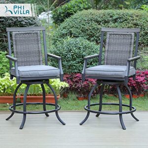 PHI VILLA Outdoor Swivel Bar Stools with Rattan Backrest and Wood-Like Armrest Set of 2, Bar Height Patio Chair with 3.5" Padded Grey Cushion,All Weather for Garden,Yard,Lawn