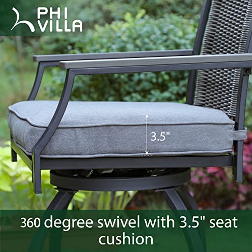 PHI VILLA Outdoor Swivel Bar Stools with Rattan Backrest and Wood-Like Armrest Set of 2, Bar Height Patio Chair with 3.5" Padded Grey Cushion,All Weather for Garden,Yard,Lawn